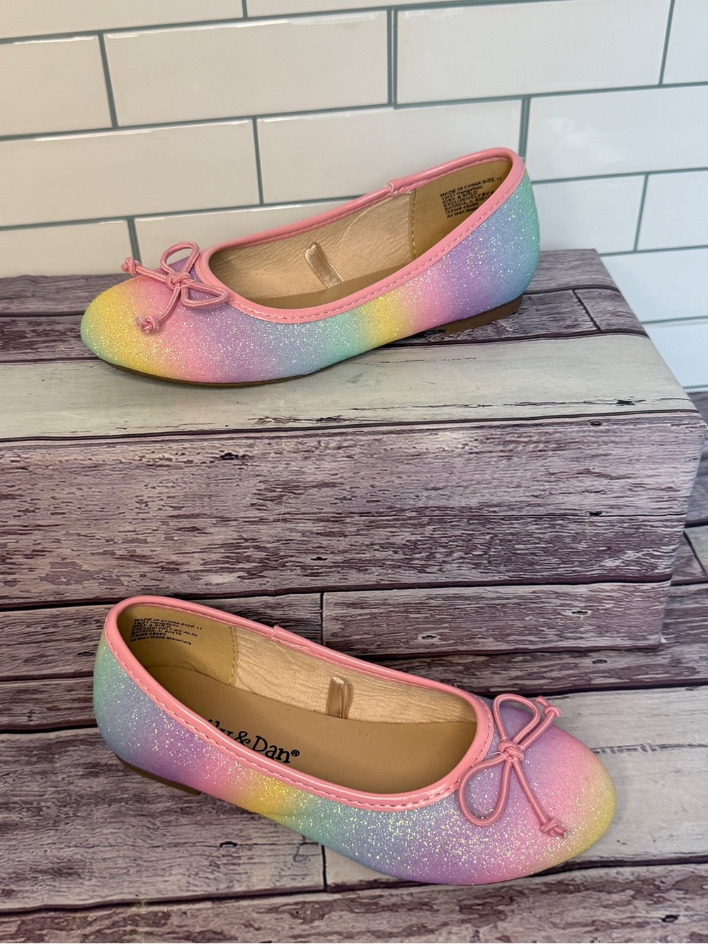 Lily & Dan pastel rainbow glitter ballet flats with pink trim and bows 🎀